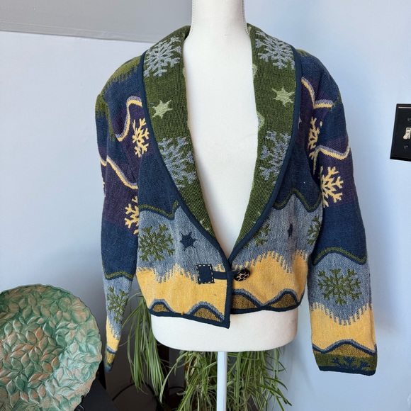 flashback Jackets & Blazers - Flashback Vintage Wearable Art Tapestry Jacket Snowflake Winter Blue Green med